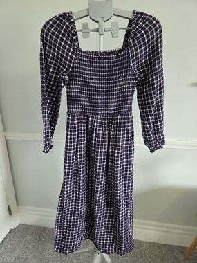 J. Crew Plaid Smocked Midi Dress Navy, Red, White